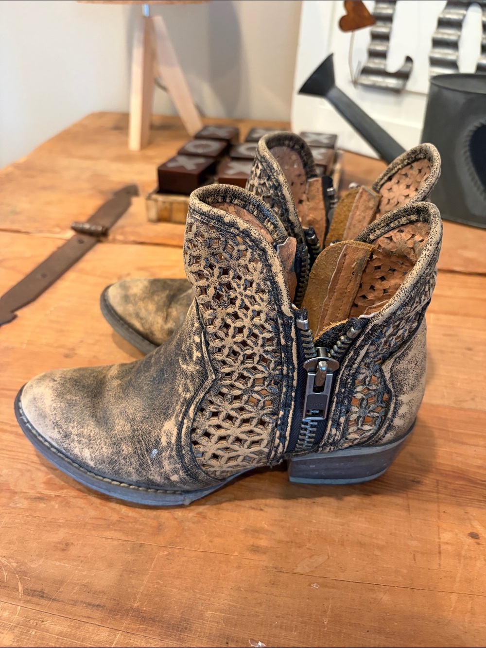 Circle G Distressed Tan Laser-Cut Ankle Booties